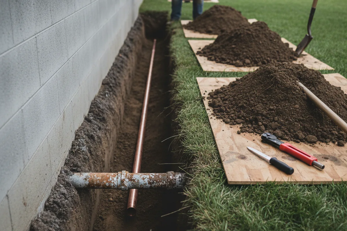 Excavated water line trench during Sewer Line Repair in Stamping Ground